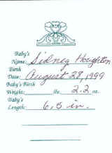 Sidney's Birth Information Card